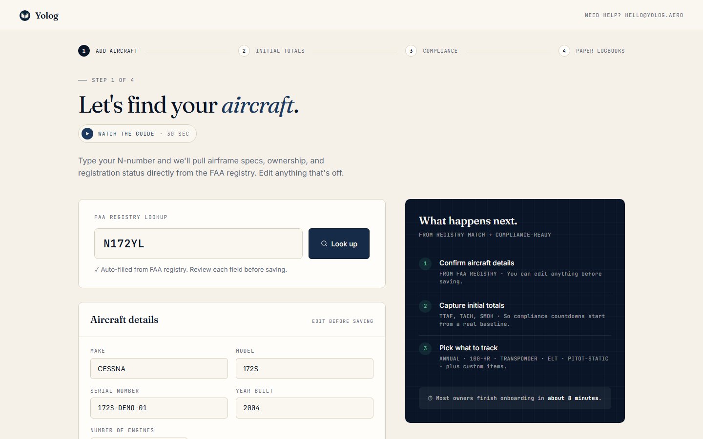 The add-aircraft form with N172YL looked up from the FAA registry and the details filled in.