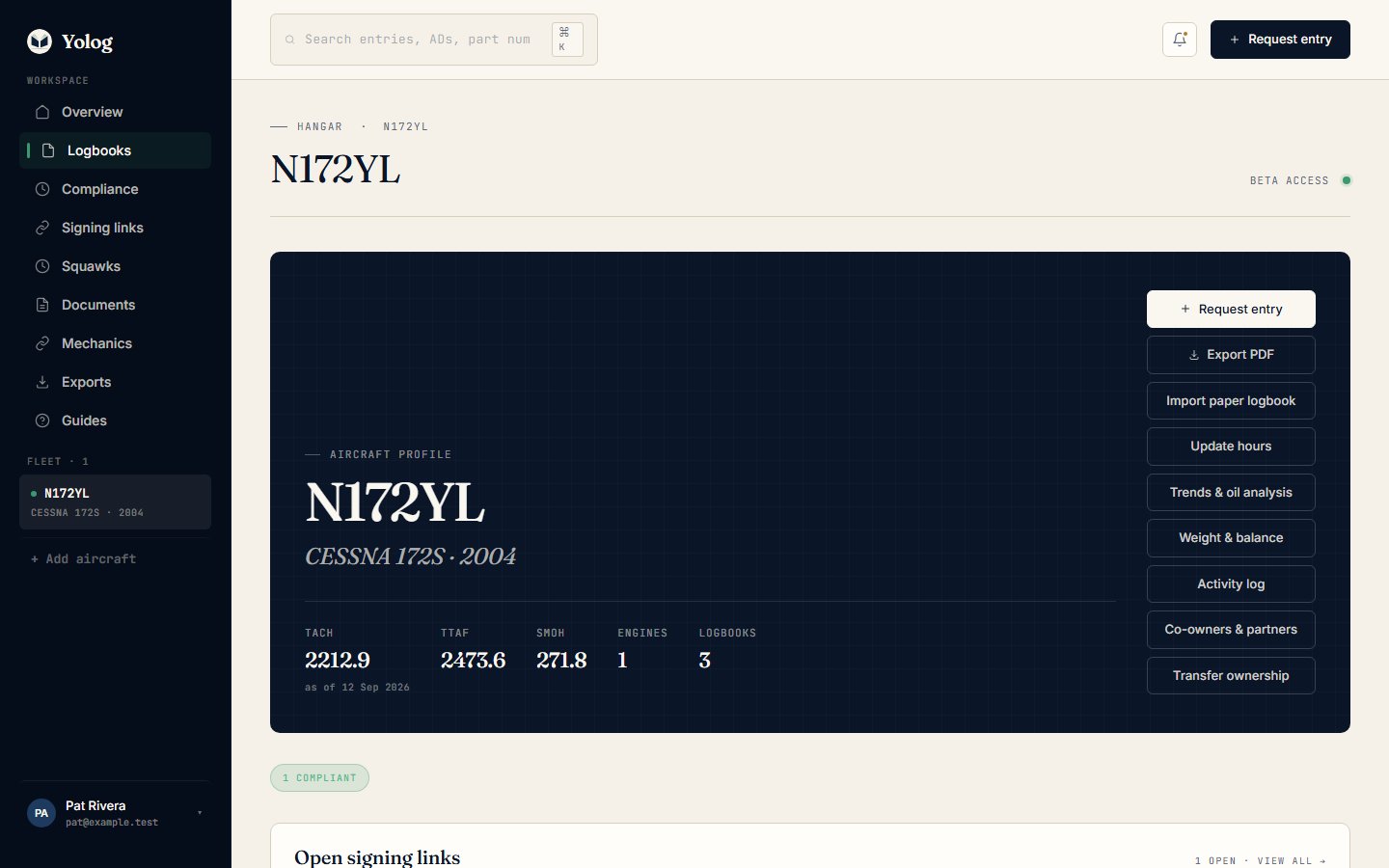 The aircraft page with its action buttons