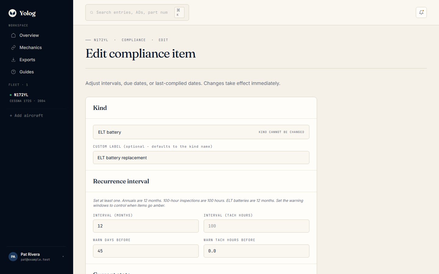 The Edit compliance item form