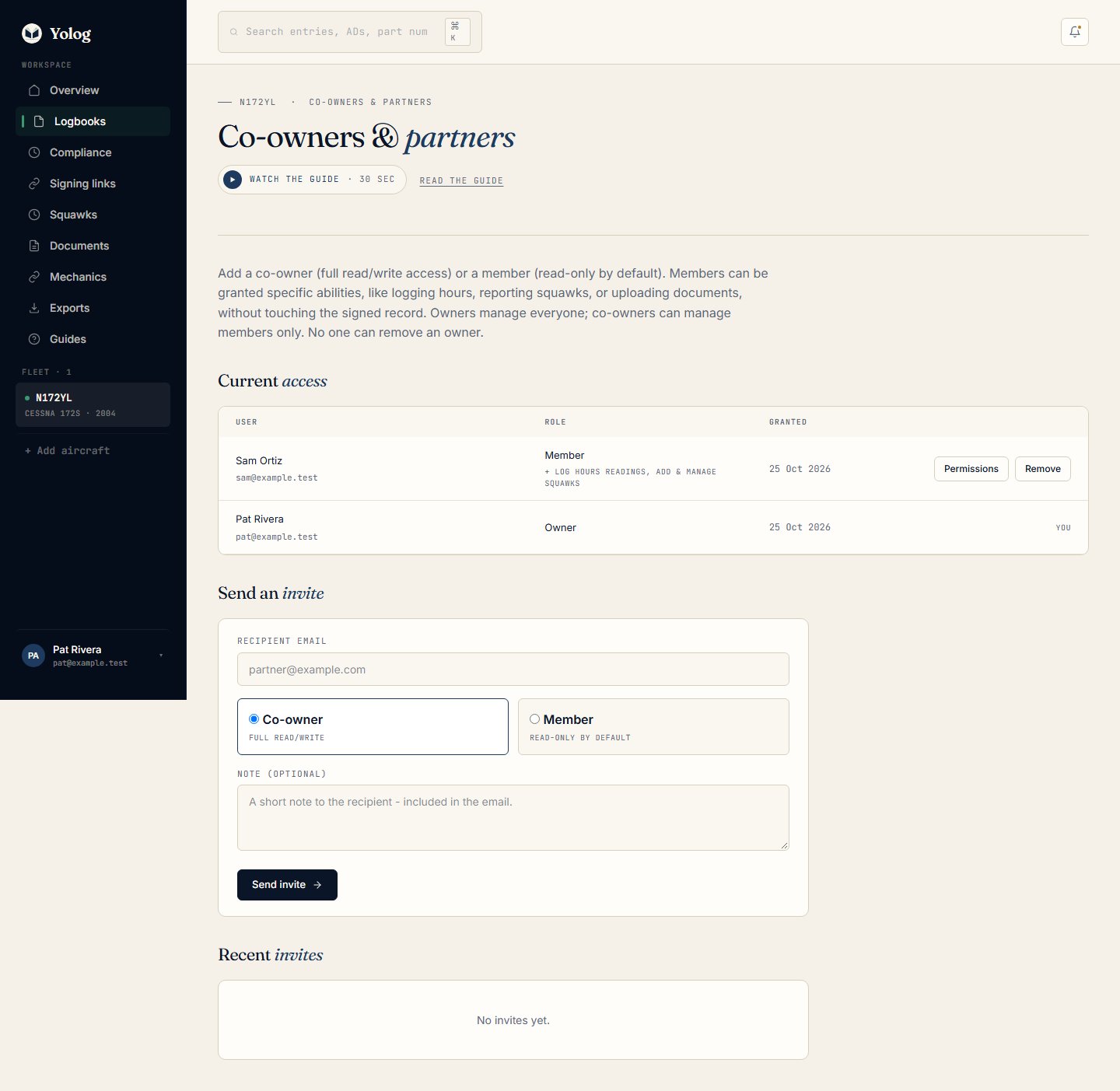 The Co-owners & partners page, with current access at the top and the invite form below.