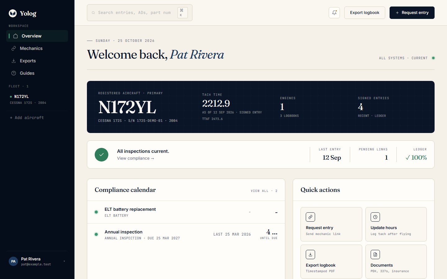 The dashboard: aircraft hero, compliance calendar and quick actions