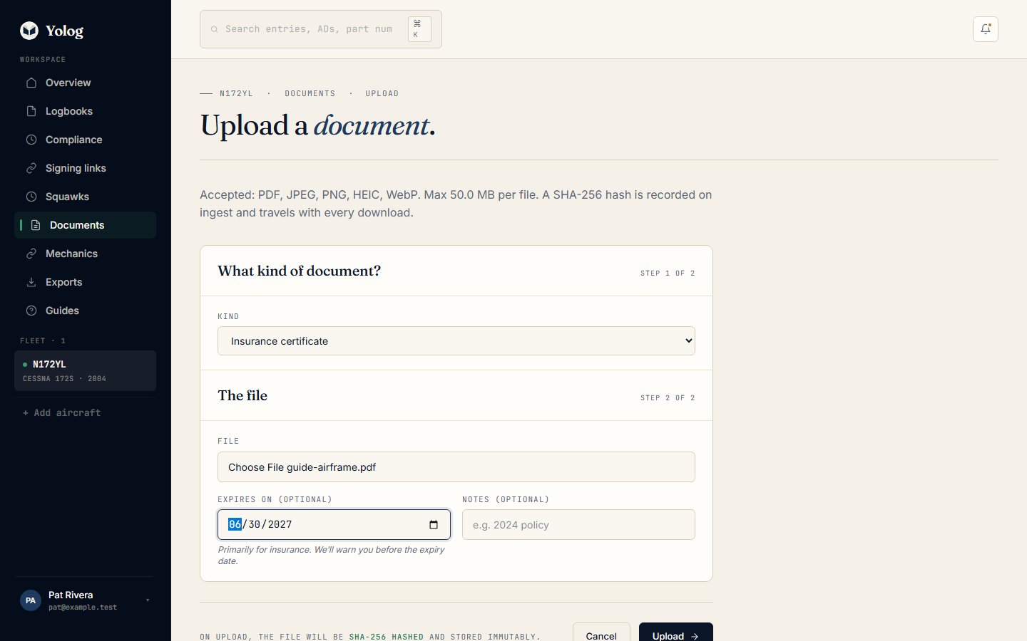 Uploading an insurance certificate with an expiry date