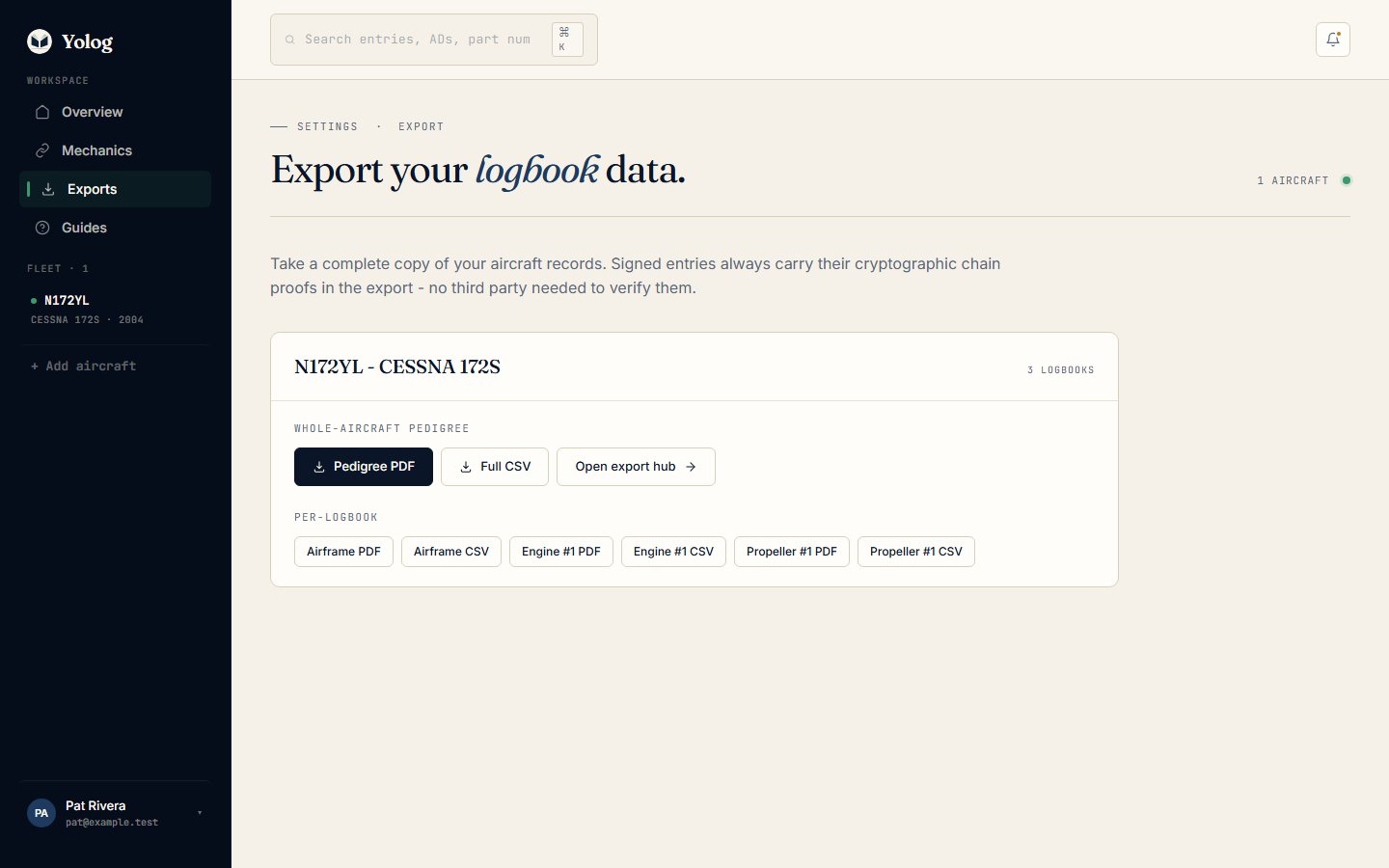 Export your logbook data, with whole-aircraft and per-logbook downloads.