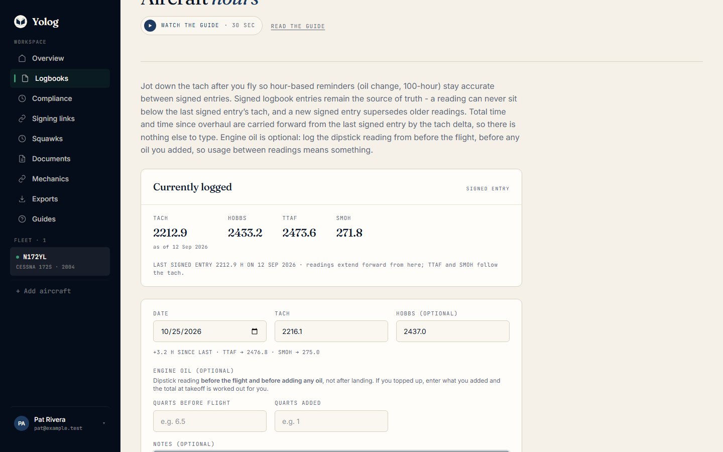 The Aircraft hours form, filled in
