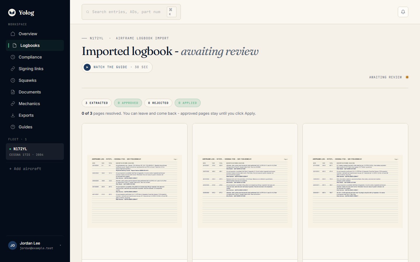 Page tiles ready to review after Yolog has read them.