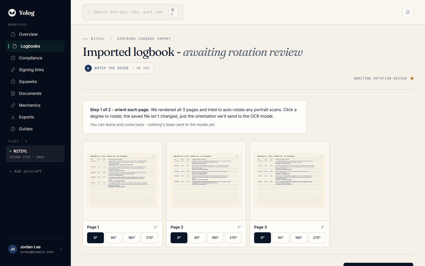 Page tiles after rendering, each with rotation buttons.