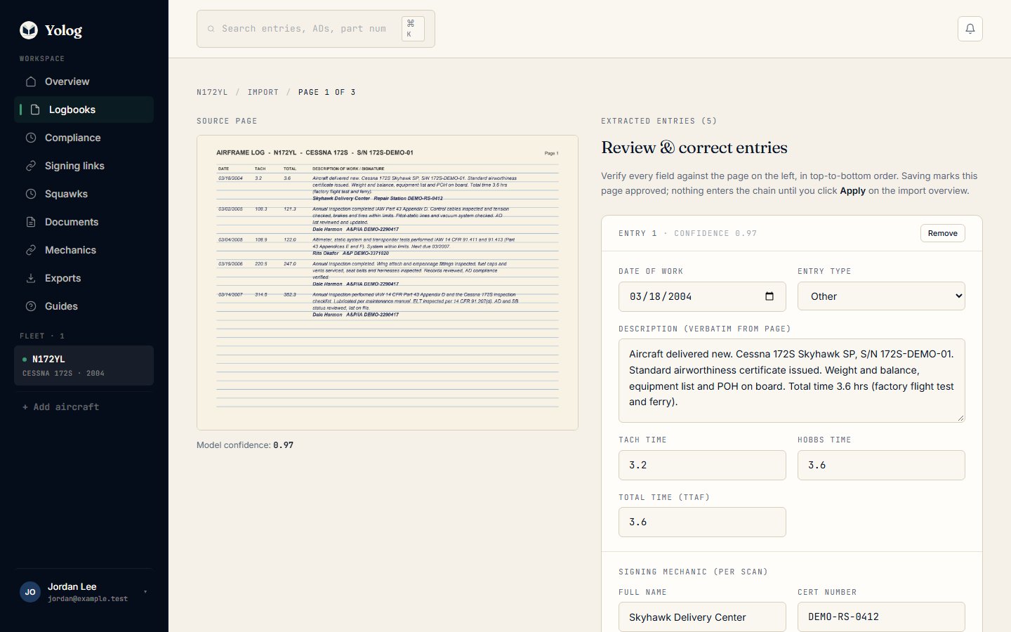 Reviewing a page: the scan on the left and the drafted entries on the right.
