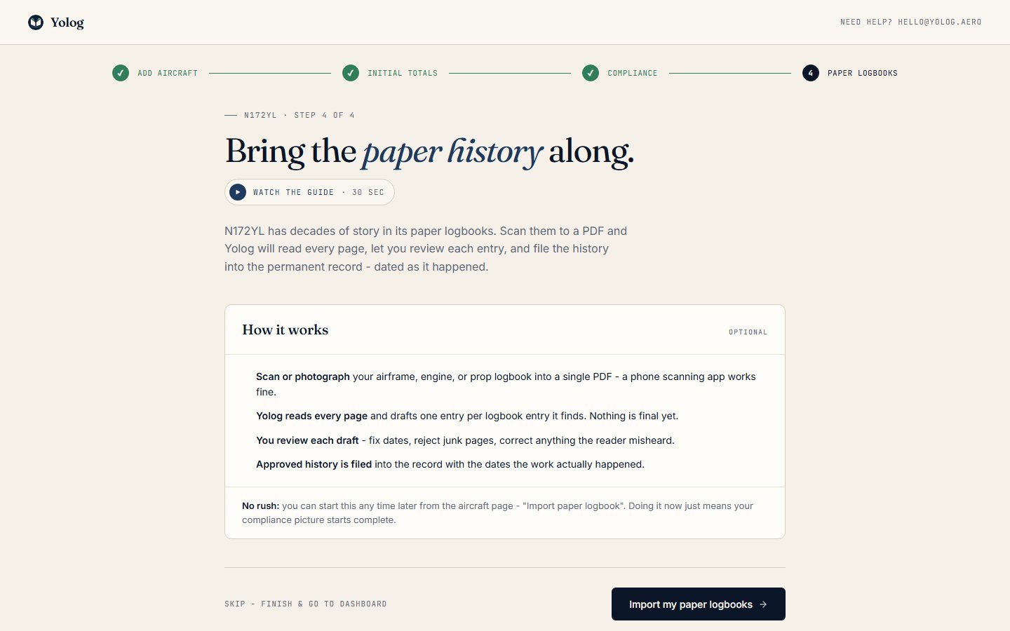 Step 4 of setup, where you can import your paper logbooks now or later.