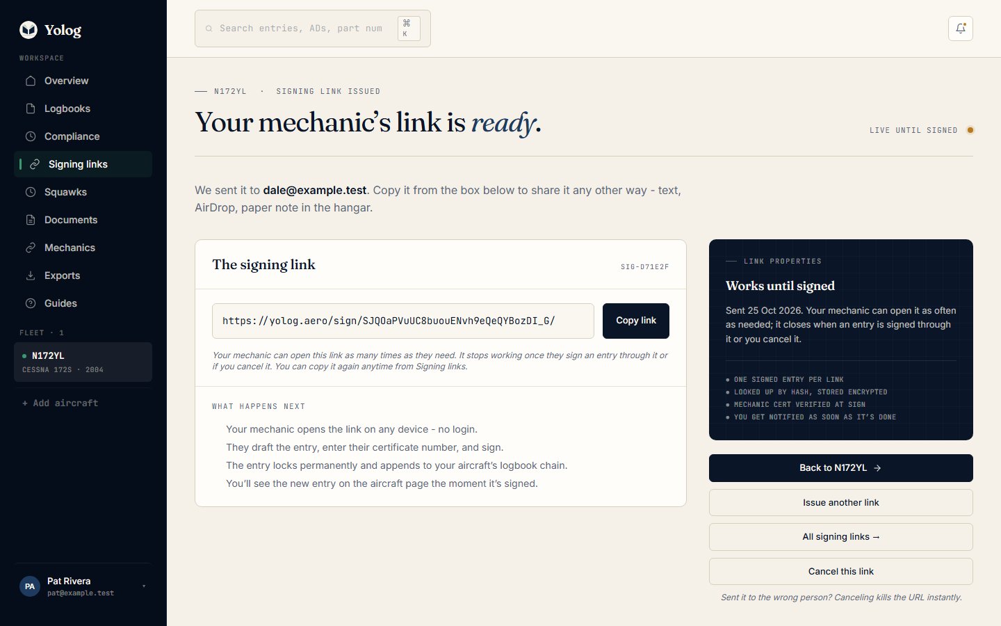 The link-ready page with the signing link and the Copy link button
