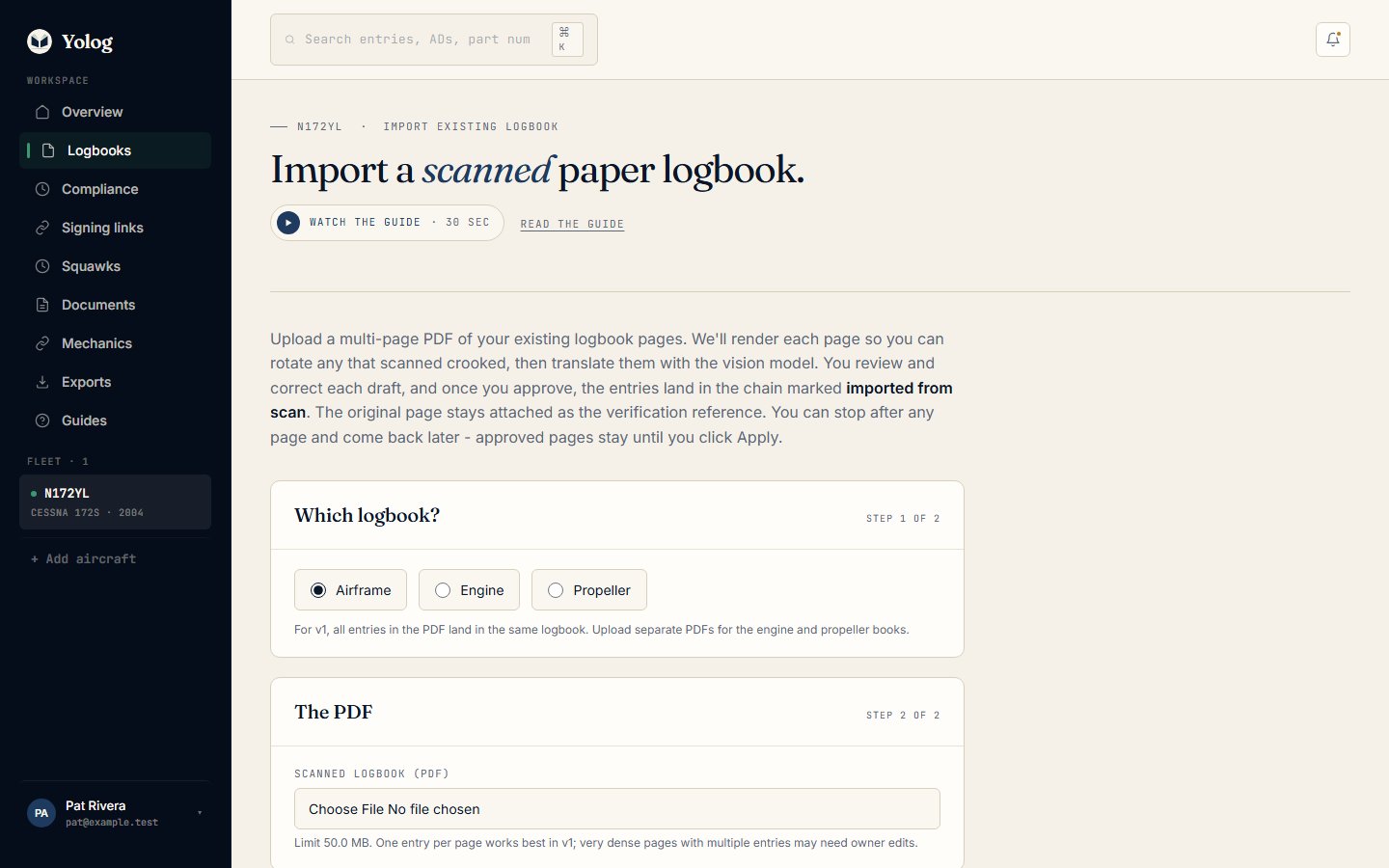 An airframe logbook with its stats, search and filters