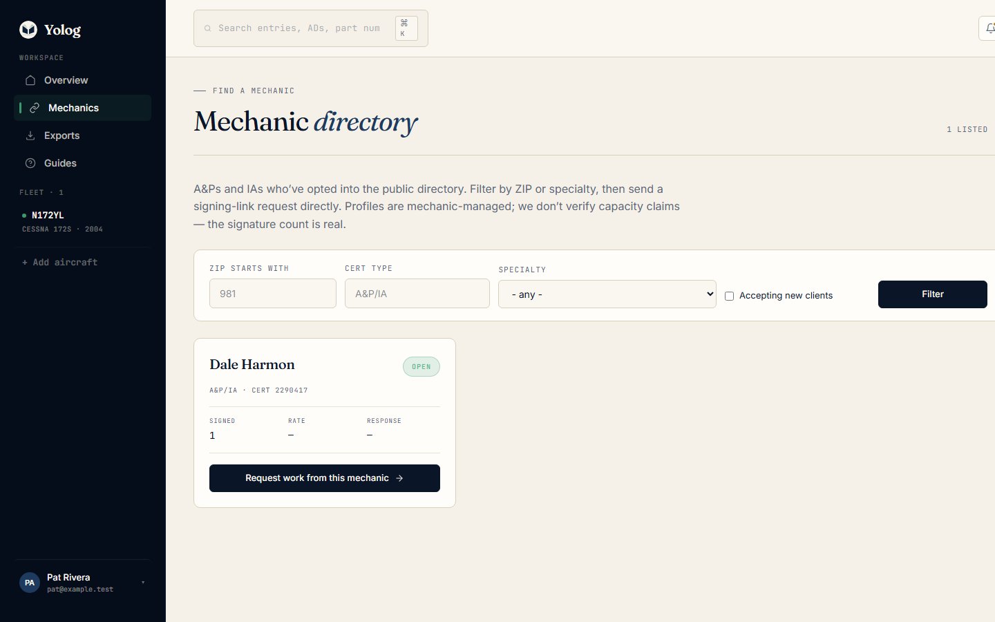 The mechanic directory with a listed mechanic