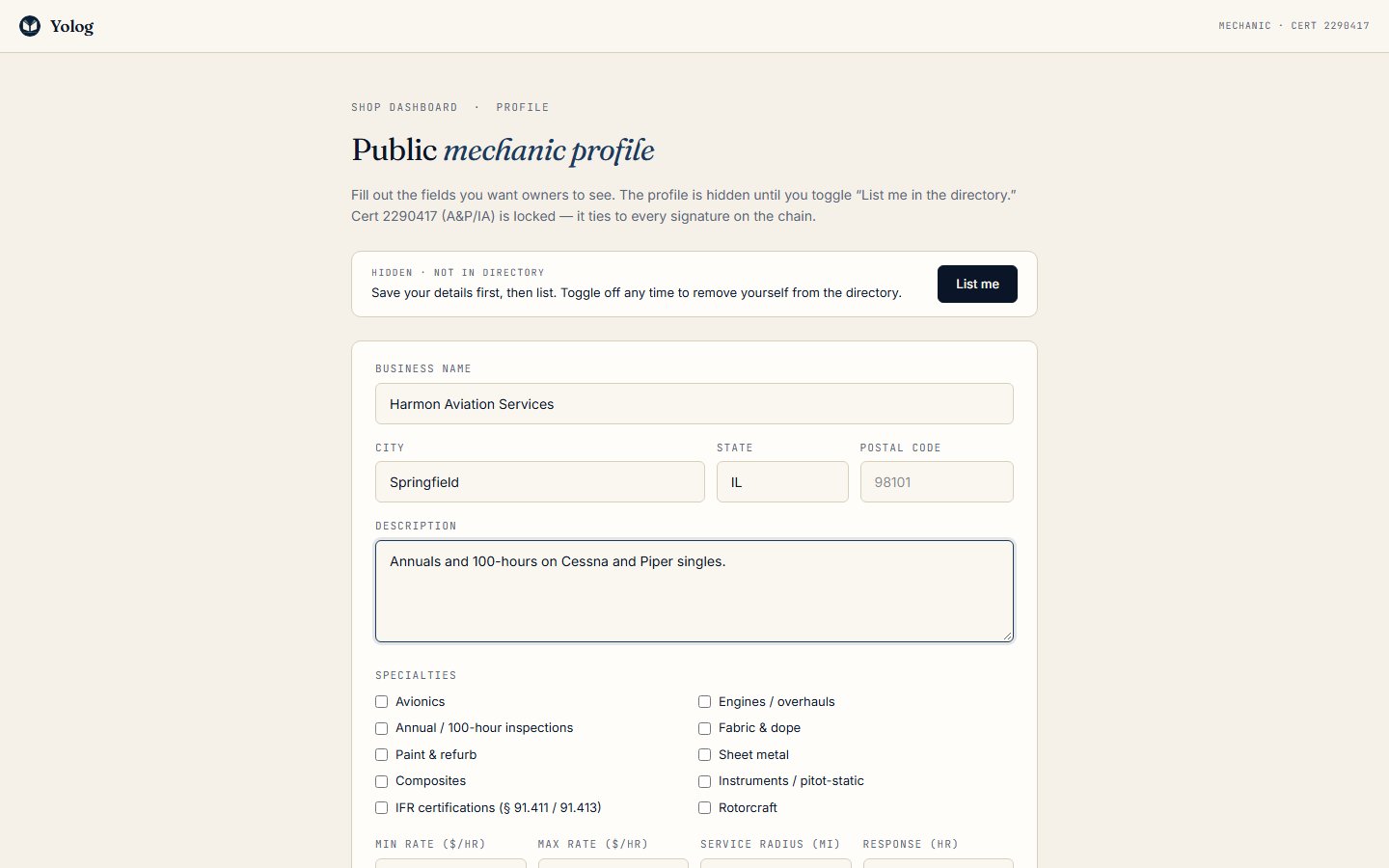The Public mechanic profile form
