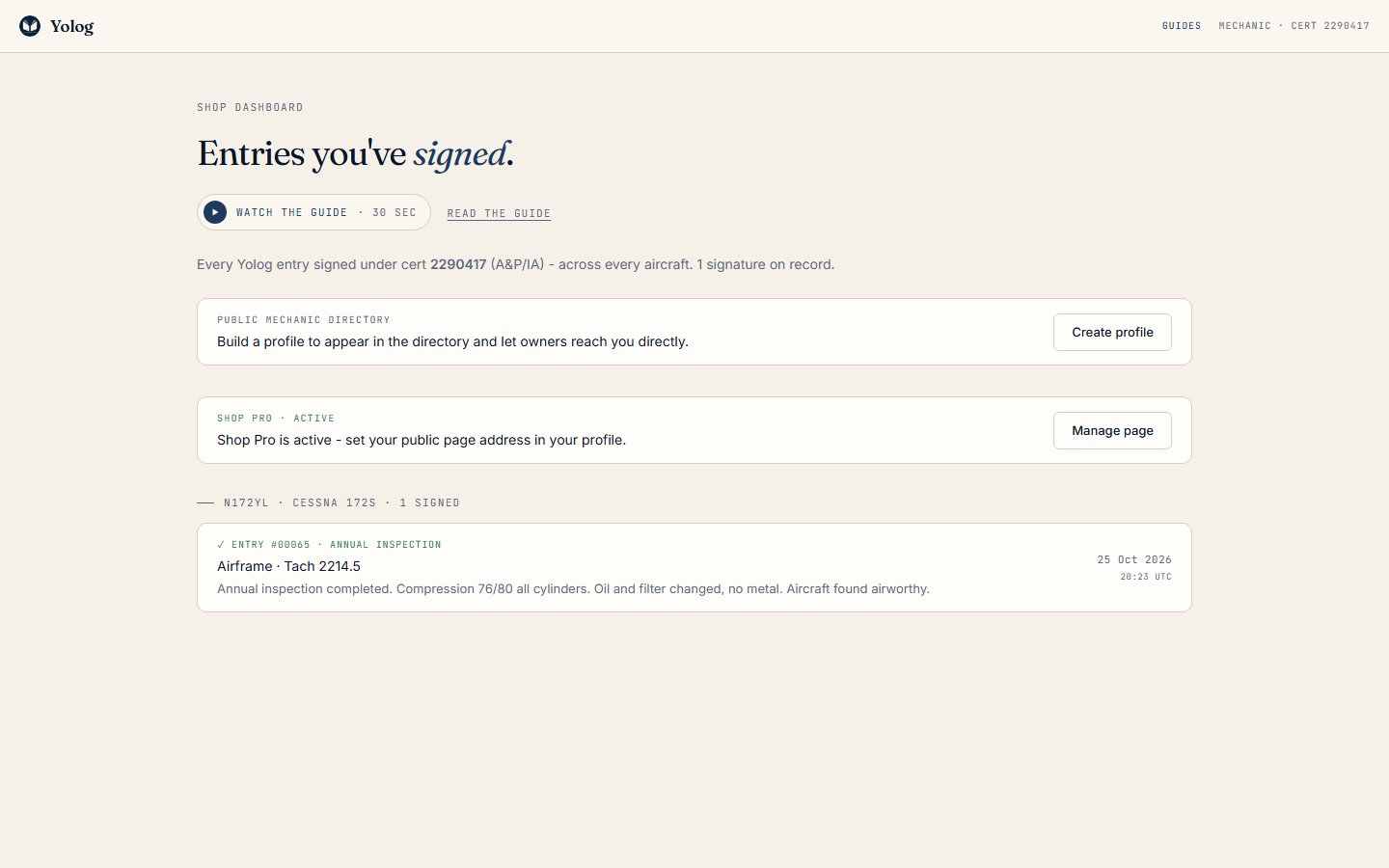 The shop dashboard listing entries signed under the mechanic's certificate
