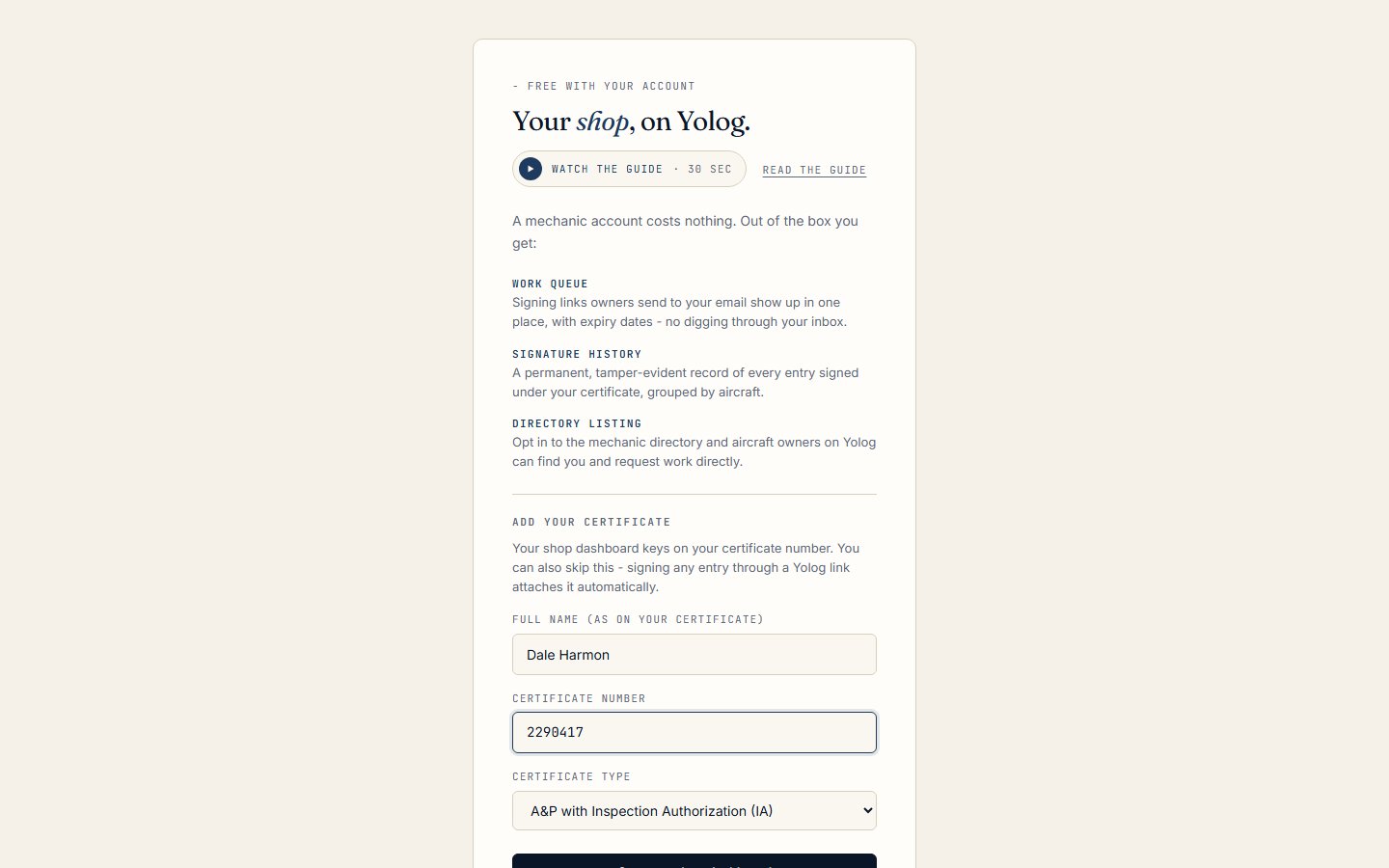 The Your shop, on Yolog page with name and certificate filled in