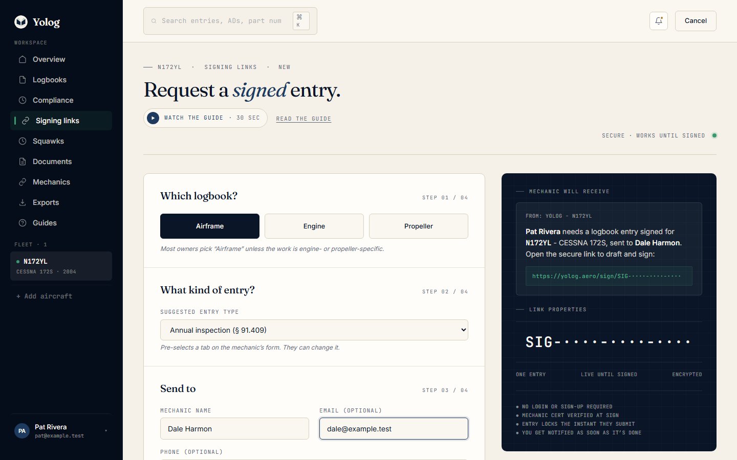 The Request a signed entry form with the logbook, entry type and mechanic filled in