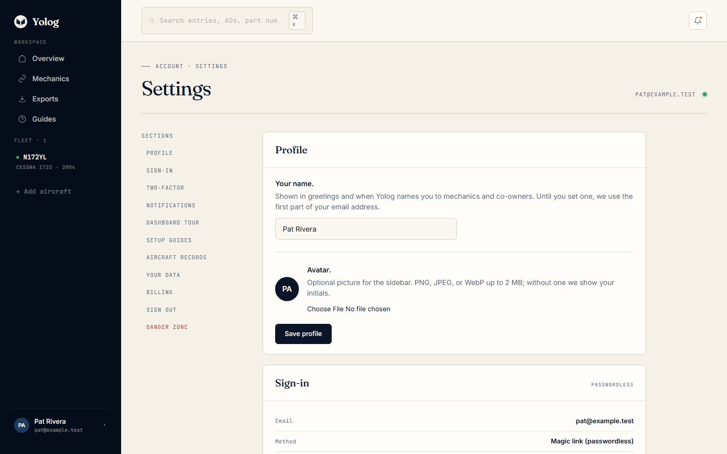 The top of the Settings page with the section list
