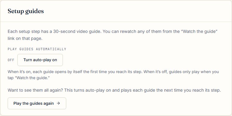 The Setup guides card with the auto-play switch