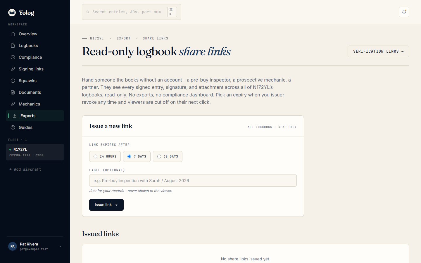 Read-only logbook share links, with expiry choices and issued links.