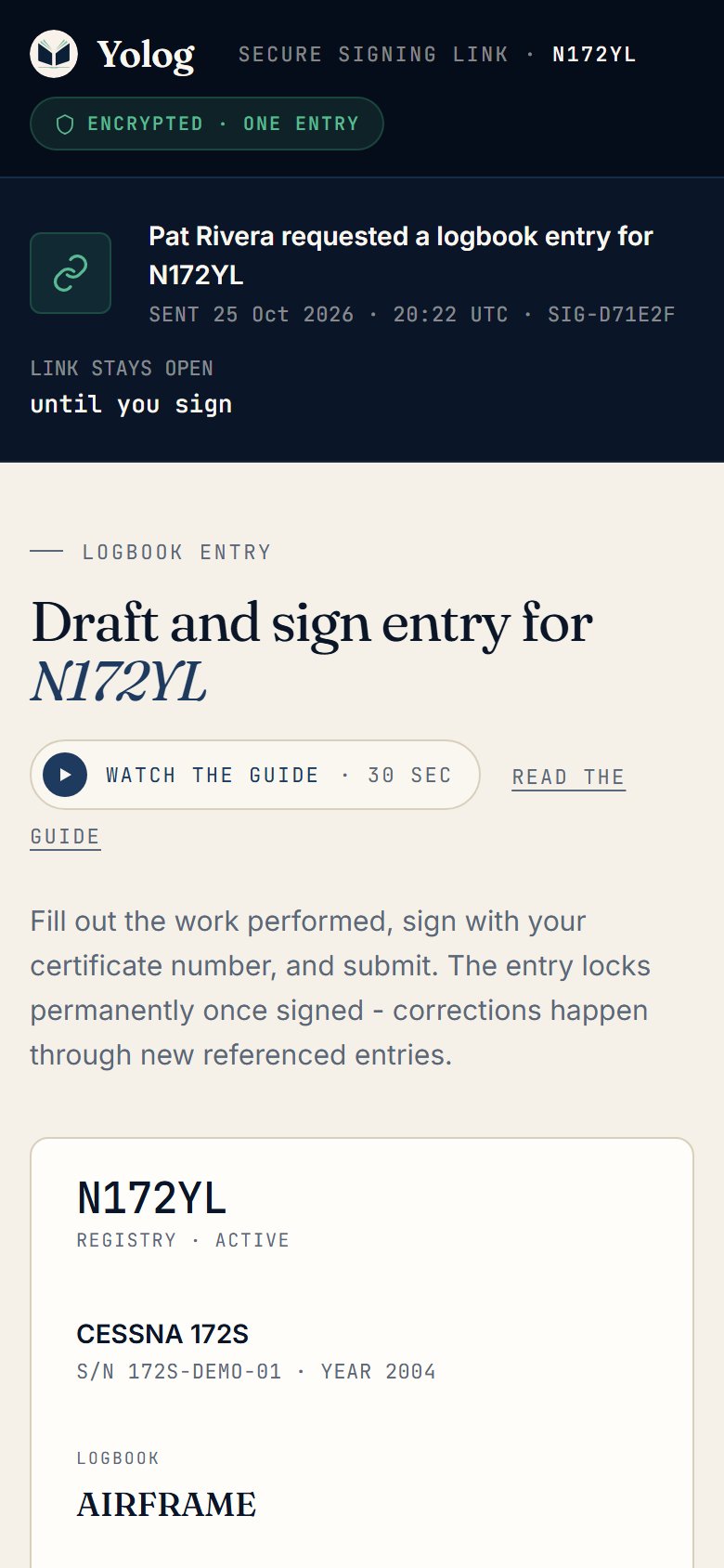The top of the signing page on a phone, with the aircraft and the request details