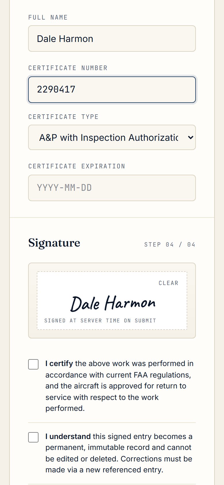 Credentials, the typed signature and the statements on a phone