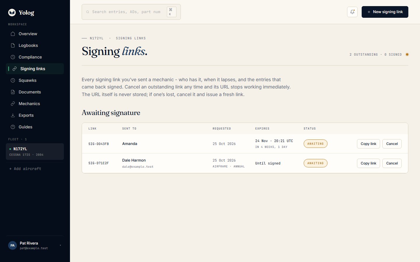 The Signing links page with links awaiting signature and signed entries