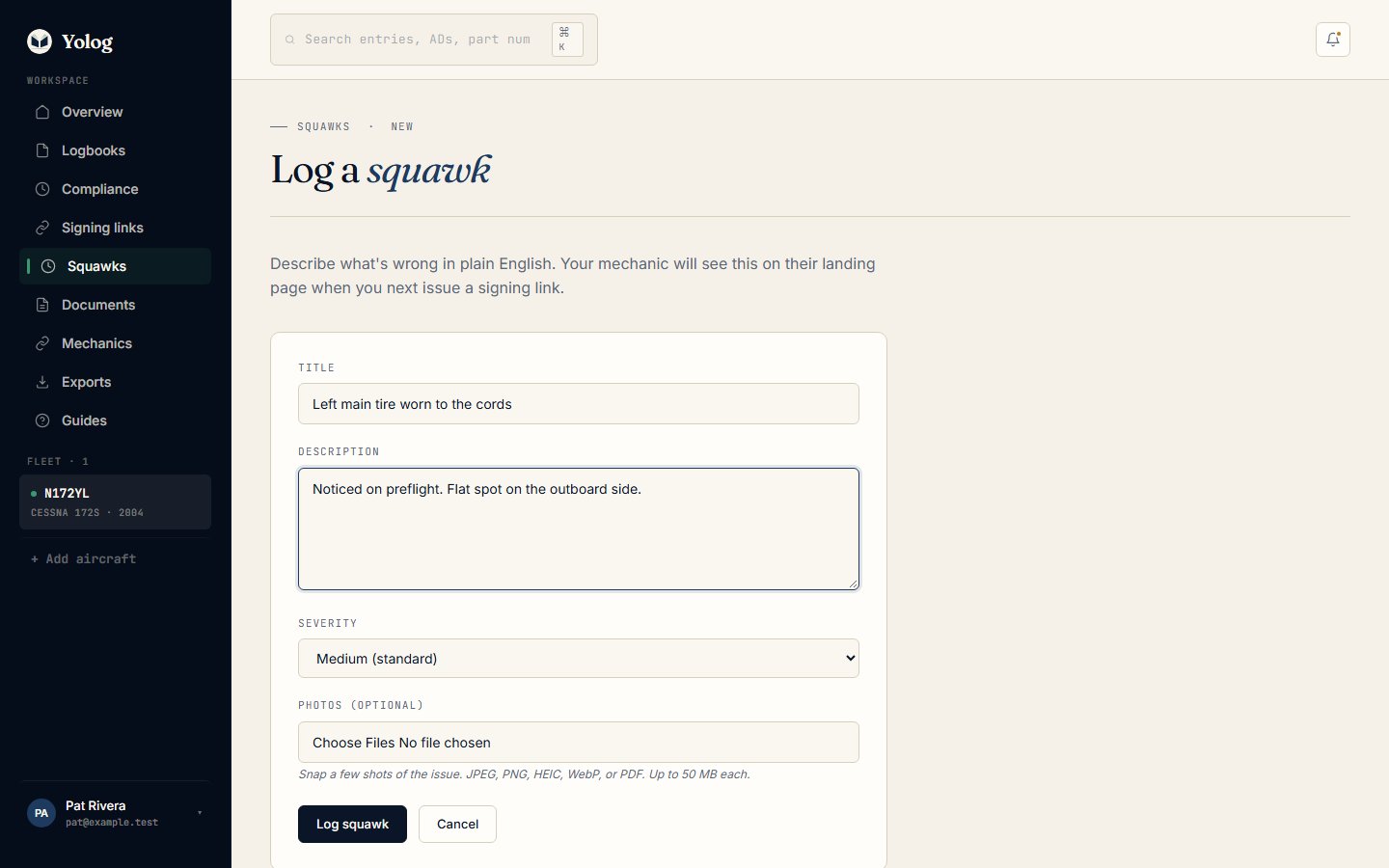 The Log a squawk form, filled in
