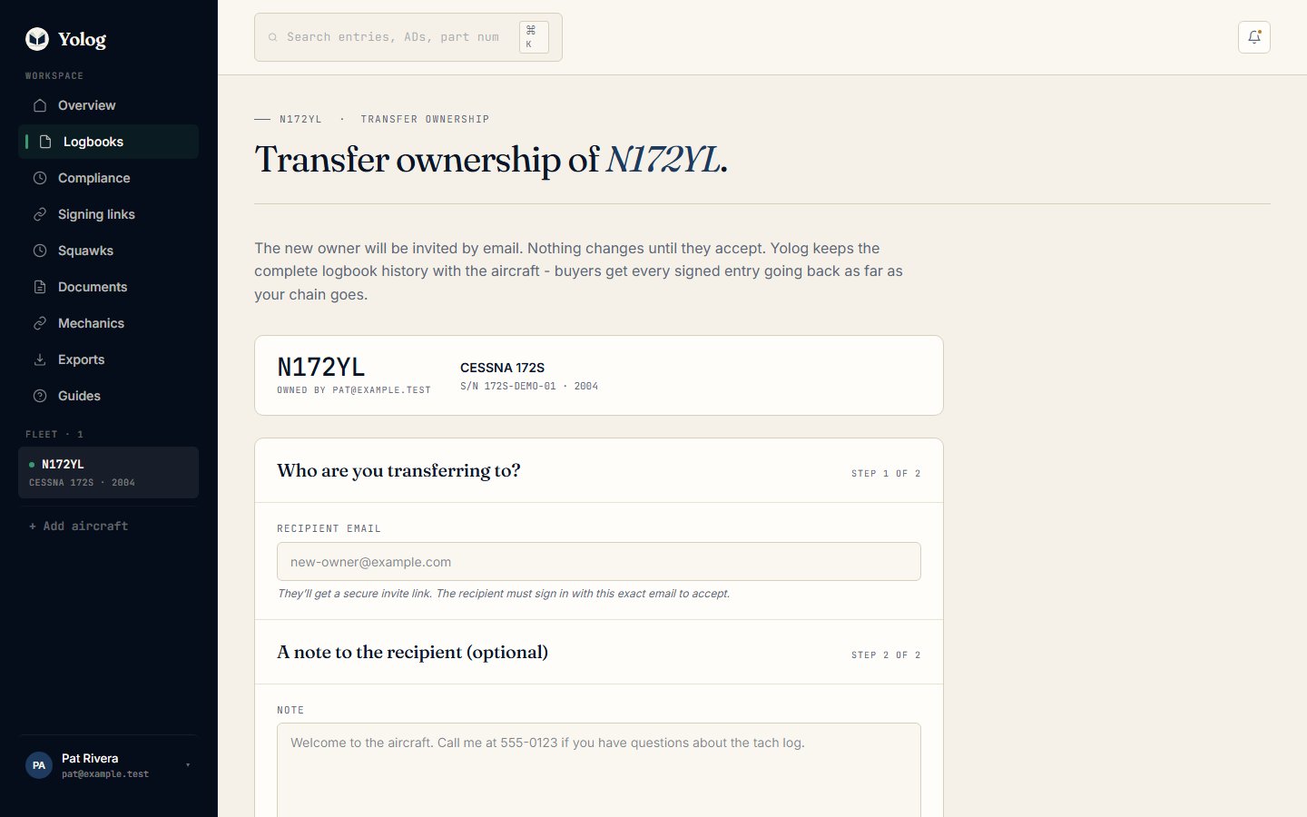 Transfer ownership of N172YL, with the recipient email and an optional note.