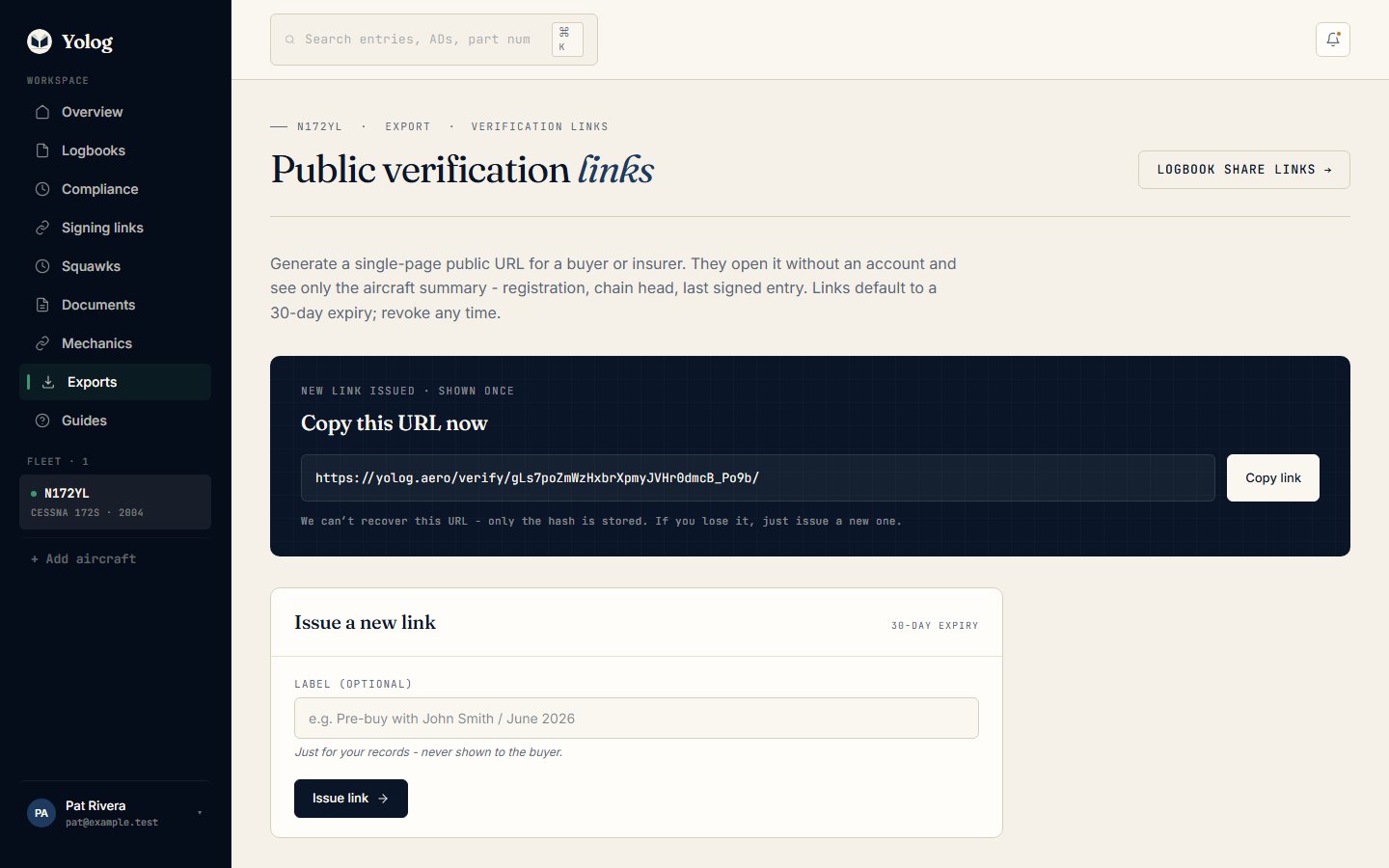 Public verification links, with a newly issued link ready to copy.