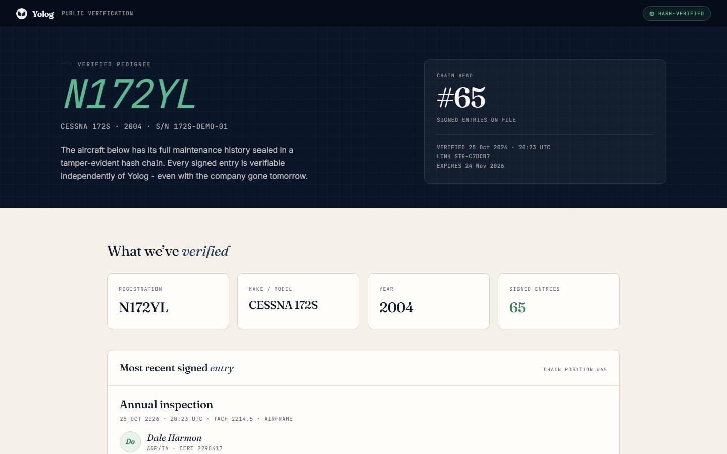 The public verification page for N172YL.