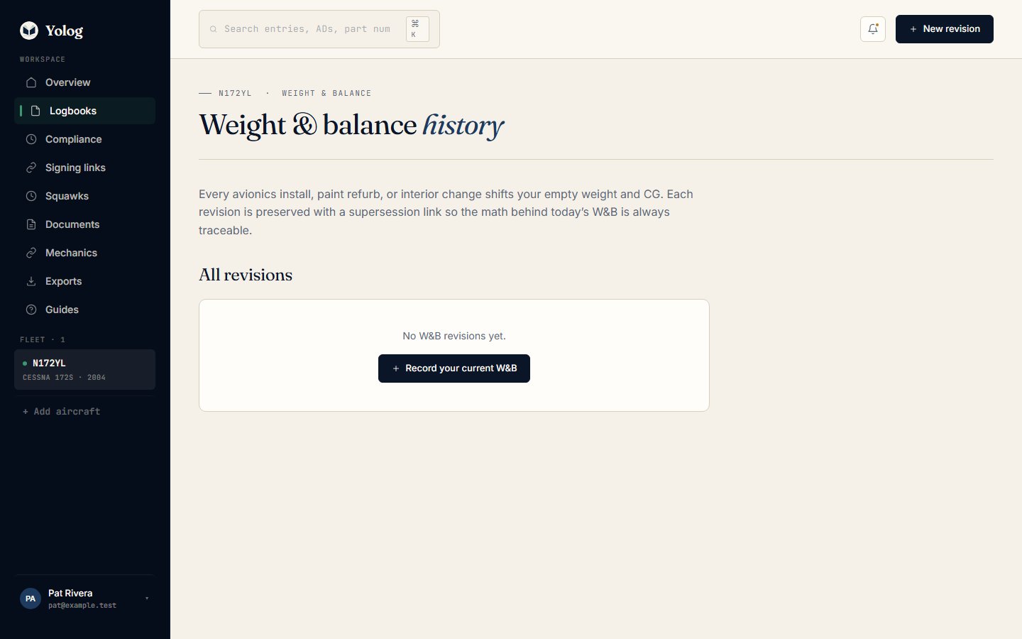 The Weight & balance history page