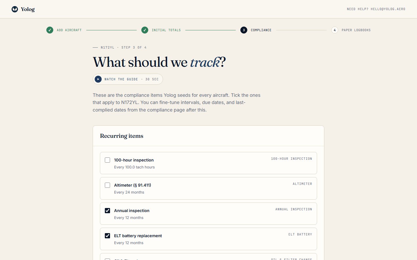 The "What should we track?" step with the annual and ELT ticked.